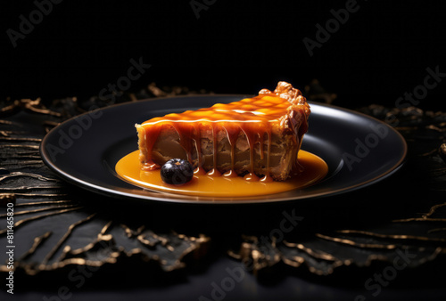 A pumpkin pie sits on the surface of a dark background, its pop-culture-infused, extravagant table settings, glossy finish apparent. photo