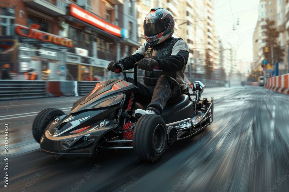 A man is driving a go kart on a street, karting