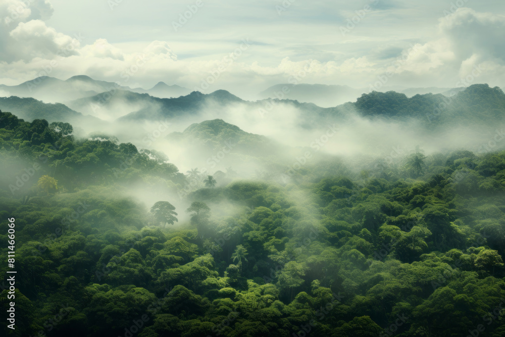 A green rainforest with clouds is viewed from a panoramic scale, its hazy landscapes and birds-eye-view apparent. A green rainforest with clouds is viewed from a panoramic scale, its hazy landscapes and birds-eye-view apparent.