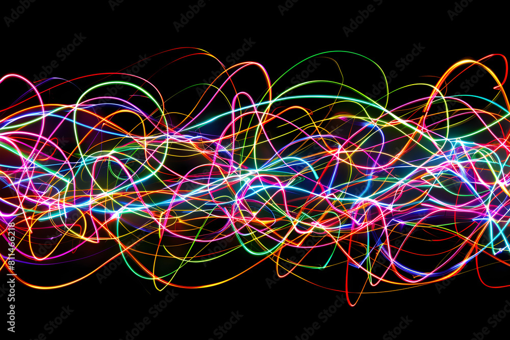Abstract neon lines dancing in a vibrant display of colors and energy. Lively design on black background.