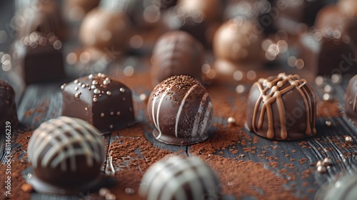 A collection of chocolates in various shapes and sizes, including sphere-shaped pralines with white chocolate inside and dark glossy exterior, placed on an table covered in chocolate dust. 