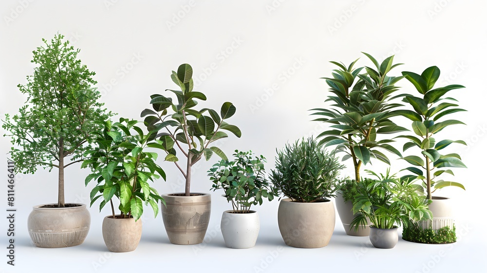 A collection of potted plants in various sizes and shapes, placed on the white background. include olive tree, fig plant, date palm tree, fiddle leaf fig tree, rubber plantation rainforest tree