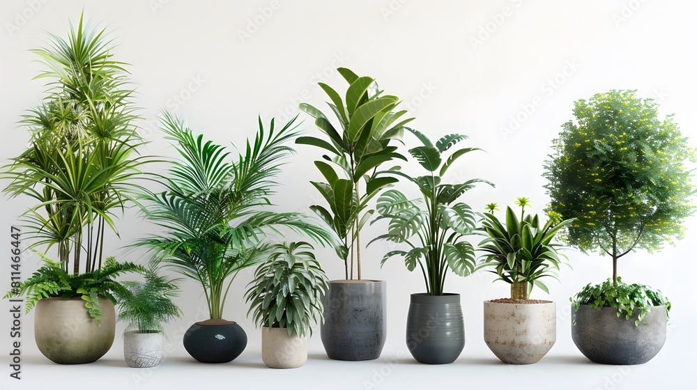 A collection of potted plants in various sizes and shapes, placed on the white background. include olive tree, fig plant, date palm tree, fiddle leaf fig tree, rubber plantation rainforest tree