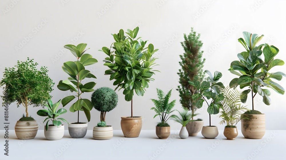 A collection of potted plants in various sizes and shapes, placed on the white background. include olive tree, fig plant, date palm tree, fiddle leaf fig tree, rubber plantation rainforest tree A collection of potted plants in various sizes and shapes, placed on the white background. include olive tree, fig plant, date palm tree, fiddle leaf fig tree, rubber plantation rainforest tree