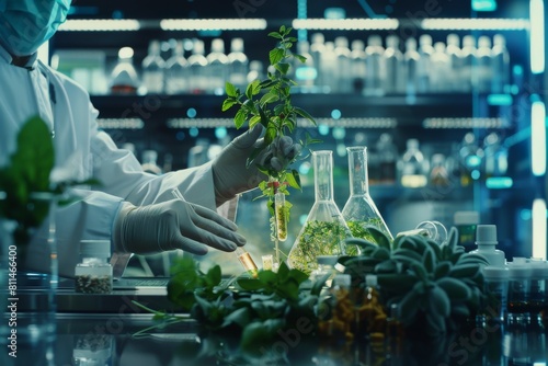 Stimulating medical research and development, with icons of nature, herbs on the table in front of scientist hands working at the lab counter.