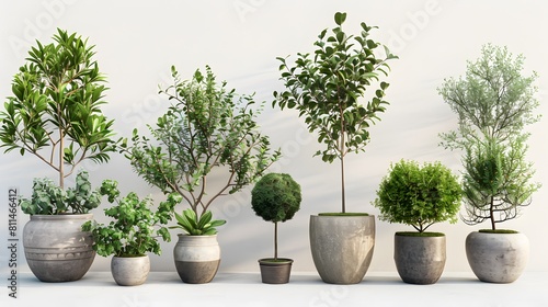 A collection of potted plants in various sizes and shapes, placed on the white background. include olive tree, fig plant, date palm tree, fiddle leaf fig tree, rubber plantation rainforest tree photo