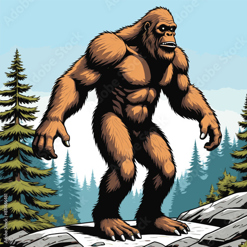 A cartoon of a bigfoot standing in the woods