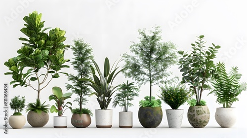 A collection of potted plants in various sizes and shapes, placed on the white background. include olive tree, fig plant, date palm tree, fiddle leaf fig tree, rubber plantation rainforest tree