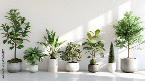 A collection of potted plants in various sizes and shapes  placed on the white background. include olive tree  fig plant  date palm tree  fiddle leaf fig tree  rubber plantation rainforest tree