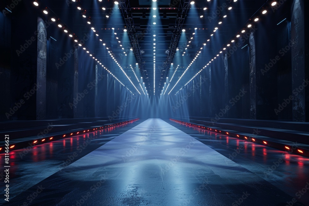 A long, empty runway with red lights on the floor. Fashion show catwalk or podium stage A long, empty runway with red lights on the floor. Fashion show catwalk or podium stage