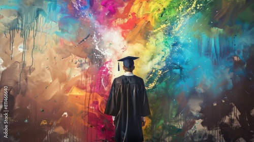 A graduate stands in front of a colorful wall, wearing a black gown