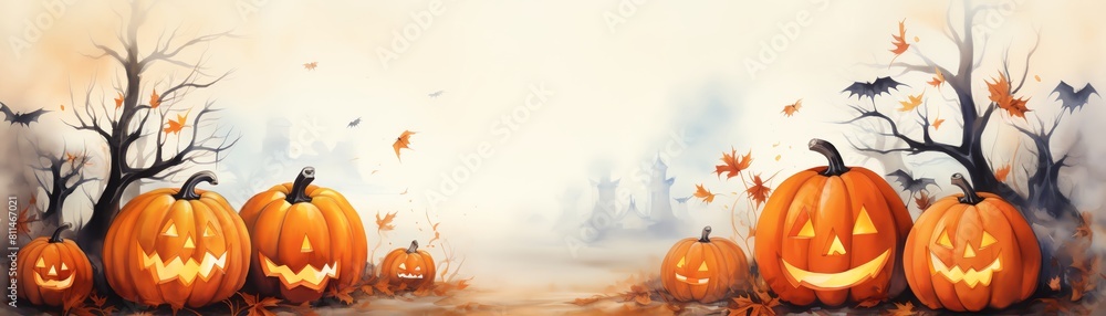 Handdrawn watercolor illustration of Halloween pumpkin on white background with ample copy space for text Handdrawn watercolor illustration of Halloween pumpkin on white background with ample copy space for text