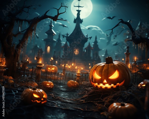 Halloween themed wallpaper featuring closeup of carved pumpkins and misty graveyard