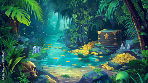 The tropical jungle forest and treasure with many gold coin, Illustration