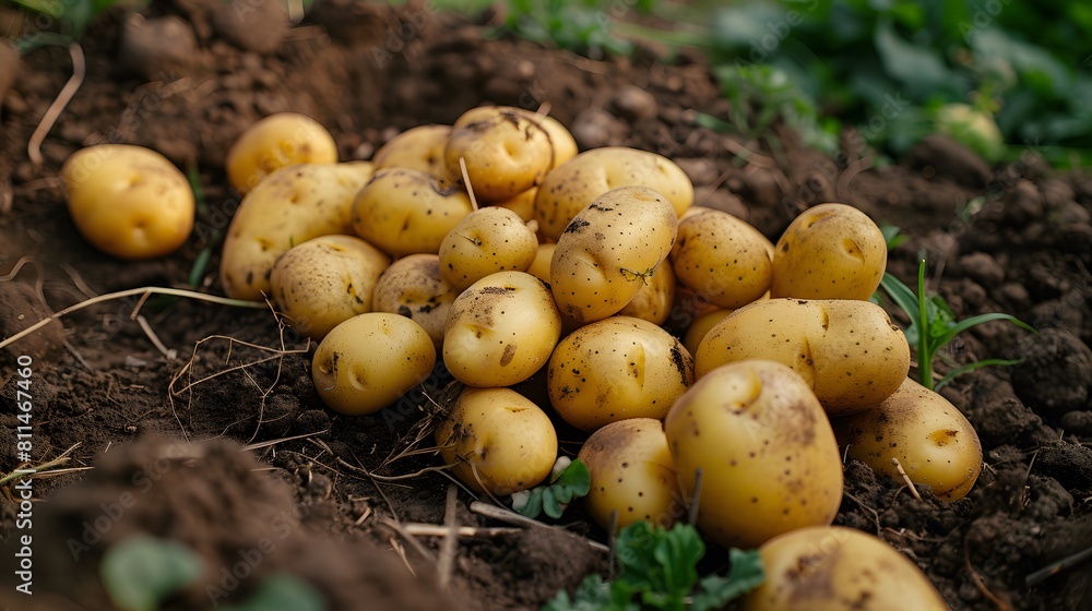 A pile of potatoes is scattered on the soil, which contains many yellow and brown potato fruits with small black spots on their skin. A pile of potatoes is scattered on the soil, which contains many yellow and brown potato fruits with small black spots on their skin.