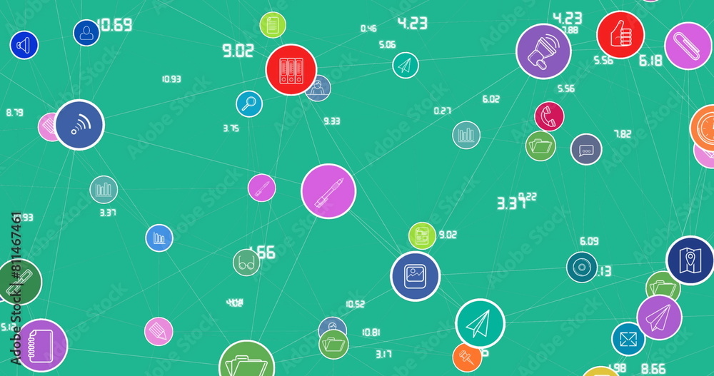 Image of network of connections with icons on green background Image of network of connections with icons on green background