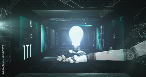 Image of glowing light bulb over robot's arm and data processing on screens