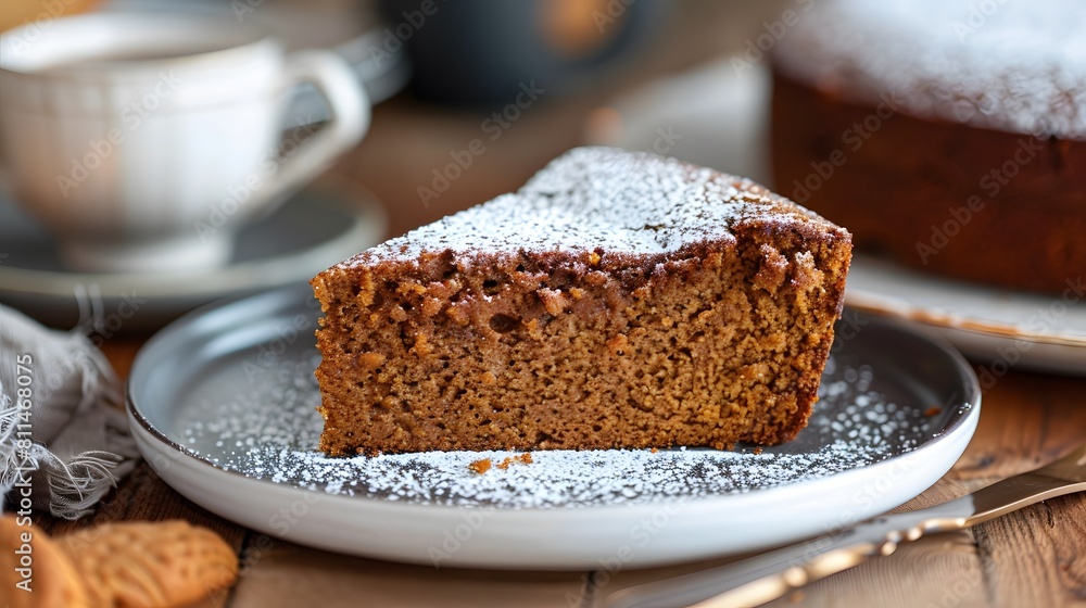 A slice of gingerbread cake sat on the table, dusted with powdered sugar and served alongside coffee or tea. A slice of gingerbread cake sat on the table, dusted with powdered sugar and served alongside coffee or tea.