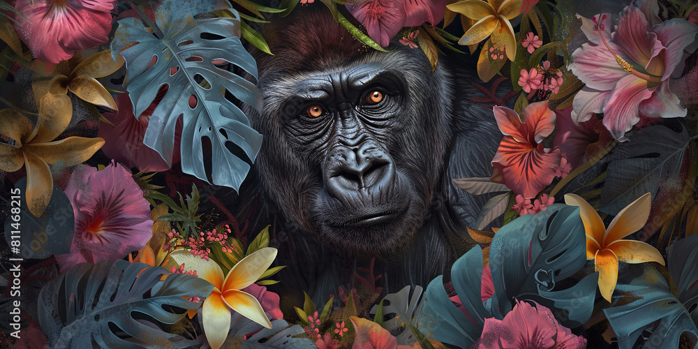 gorilla surrounded in the style of tropical flowers, generative AI gorilla surrounded in the style of tropical flowers, generative AI