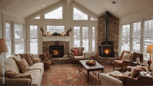 Modern cozy sun room with a fireplace for warmth and ambiance during colder months. Side view photo