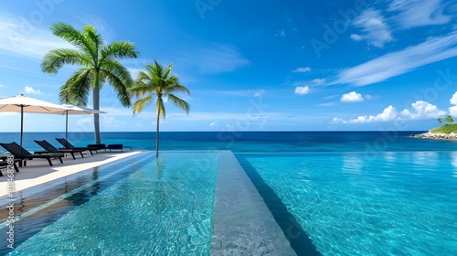 A stunning infinity pool at an all-inclusive resort   blue sea and palm trees swaying in the breeze. The luxurious lounge chairs under umbrellas for guests to relax and enjoy their vacation. 