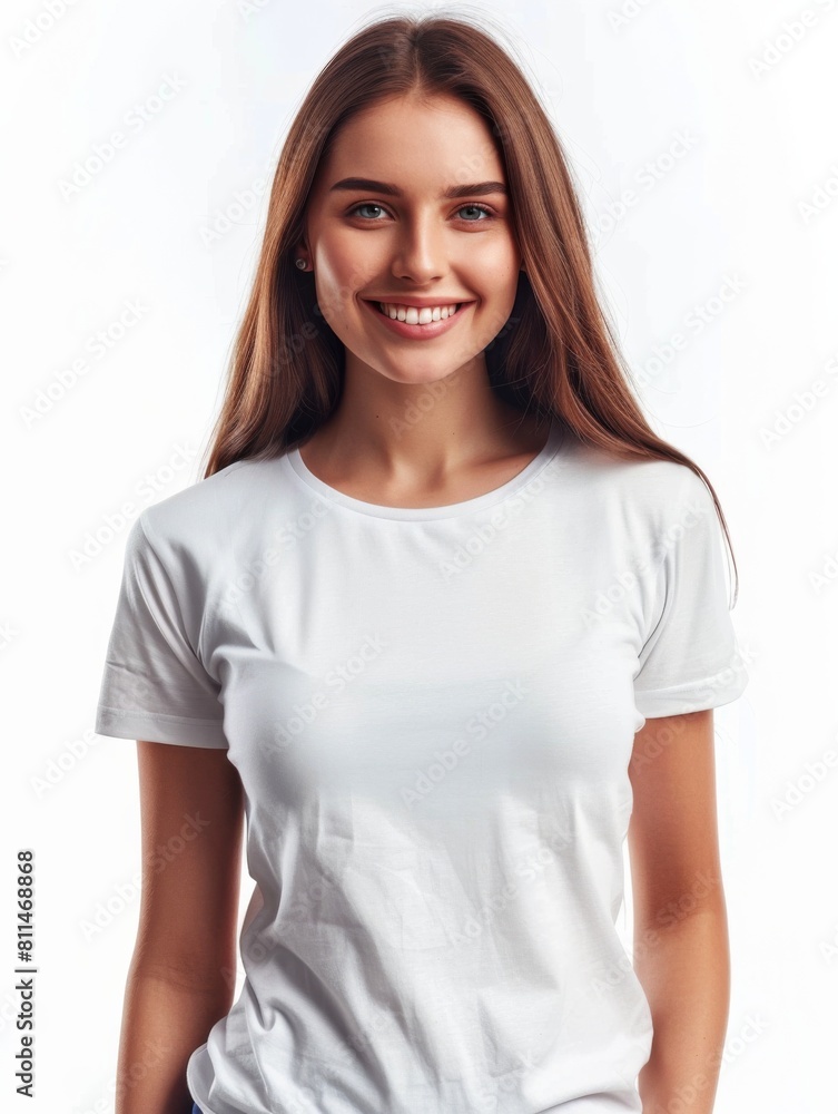 Woman wearing white tshirt mockup created with generative AI Woman wearing white tshirt mockup created with generative AI