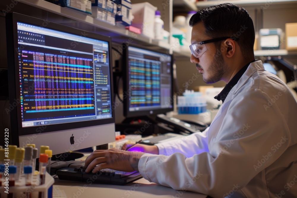 A scientist examining a DNA sequence on a computer screen using CRISPR-Cas9 technology to correct genetic defects A scientist examining a DNA sequence on a computer screen using CRISPR-Cas9 technology to correct genetic defects