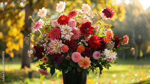 Floral arrangements of asters dahlias and garden daisies in a sunny park during autumn