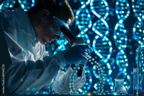 A scientist examining cloned animal DNA strands under a microscope © JR-50