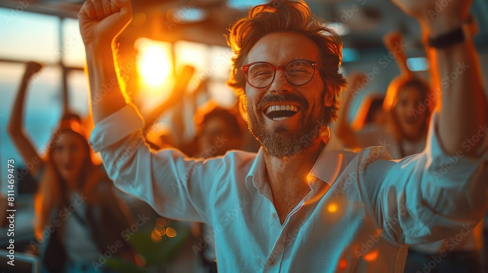 Bearded man in glasses is dancing at the party, he is very happy and carefree Bearded man in glasses is dancing at the party, he is very happy and carefree