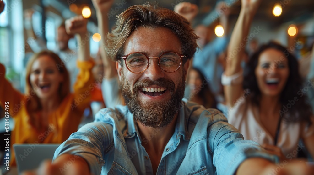 Bearded man in glasses smiling at the camera while being surrounded by a cheering crowd.