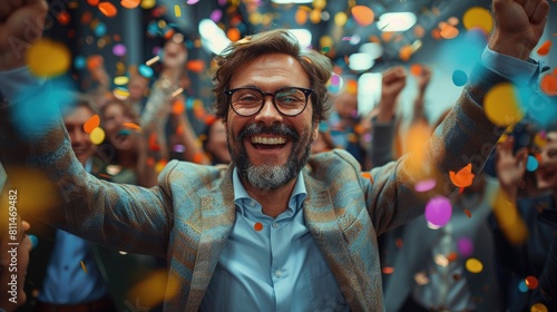 Bearded man in glasses rejoices among falling confetti. photo
