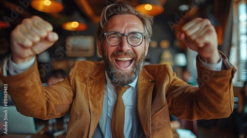 Bearded man in glasses rejoices his victory photo