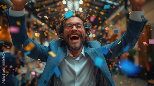 Confetti falling on a joyful businessman celebrating his success