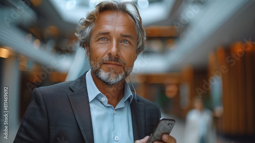 Confident businessman using smartphone in modern office building