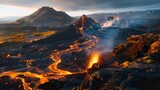 A breathtaking view of the Alitli-Hr??tur volcanic eruption, with streams of glowing lava cascading down the slopes of the mountain, creating a surreal and otherworldly landscape