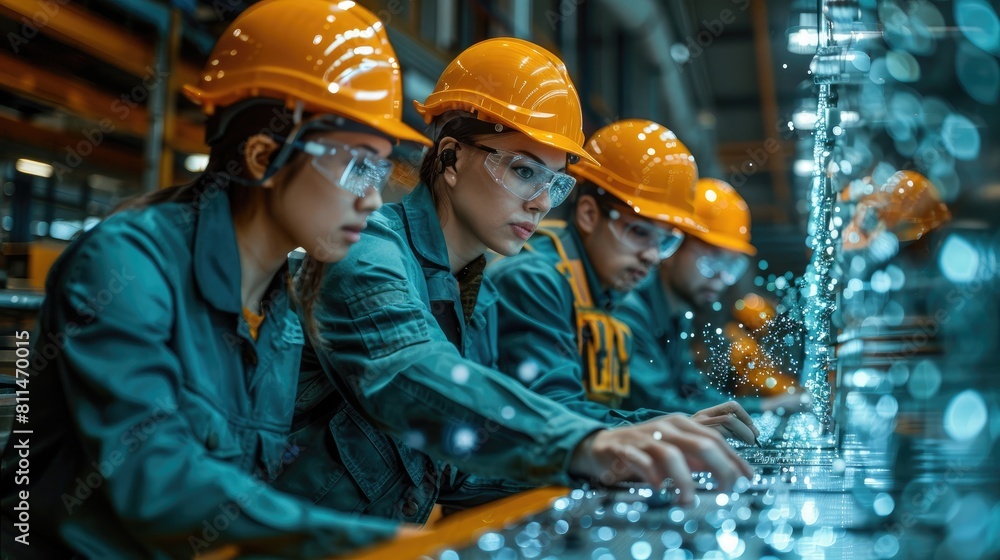 The picture shows a group of engineers in hard hats working on a project. They are wearing safety glasses and are using a computer to monitor the progress of their work.