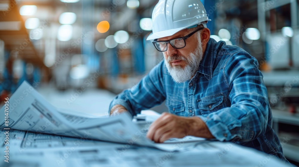 Thoughtful senior engineer examining building blueprints in a factory Thoughtful senior engineer examining building blueprints in a factory