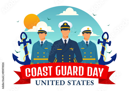 United States Coast Guard Day Vector Illustration on August 4 with American Waving Flag and Ship in National Holiday Flat Cartoon Background