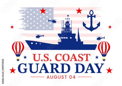 United States Coast Guard Day Vector Illustration on August 4 with American Waving Flag and Ship in National Holiday Flat Cartoon Background