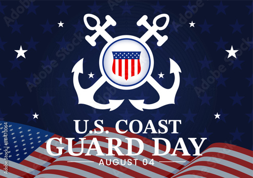 United States Coast Guard Day Vector Illustration on August 4 with American Waving Flag and Ship in National Holiday Flat Cartoon Background