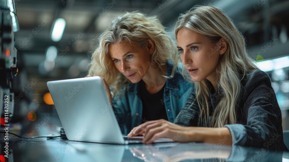 Two women in a modern industrial setting are looking at a laptop. Two women in a modern industrial setting are looking at a laptop.