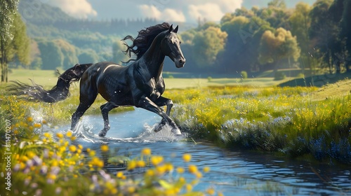  Dynamic 3D artwork capturing the raw energy and beauty of a galloping black horse  frozen in a moment of breathtaking motion.  