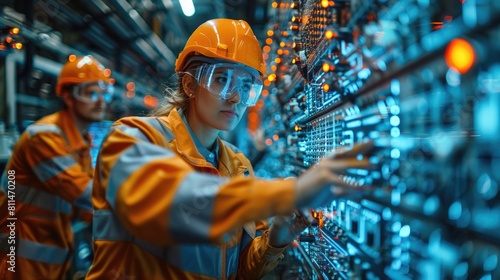 Two female engineers in hardhats and safety glasses work on a project in a large industrial facility.