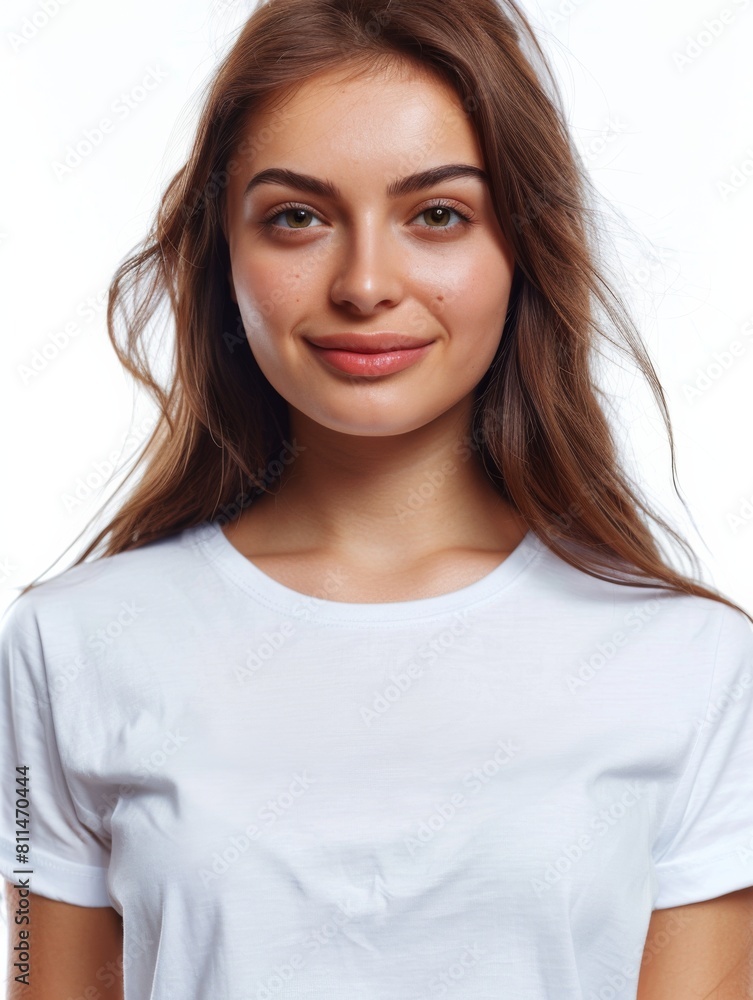 Woman wearing white tshirt mockup created with generative AI Woman wearing white tshirt mockup created with generative AI