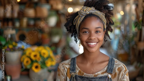 Young smiling woman standing in a greenhouse