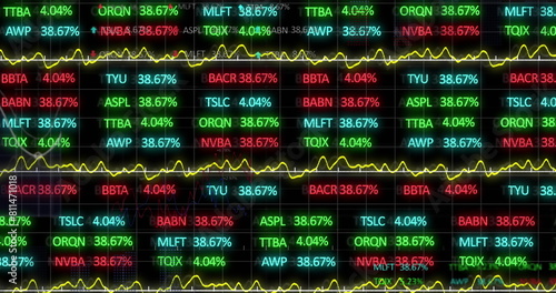 The image shows a stock market display with red, blue, and green stock market tickers and graphs the