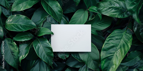 a blank white card on green leaves  generative AI