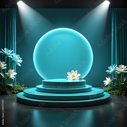 dark cyan stage podium showcase with white flower decoration and spot light