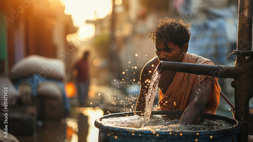 Indian slums people and clean water sources for consumption. hot weather. heat wave. photo